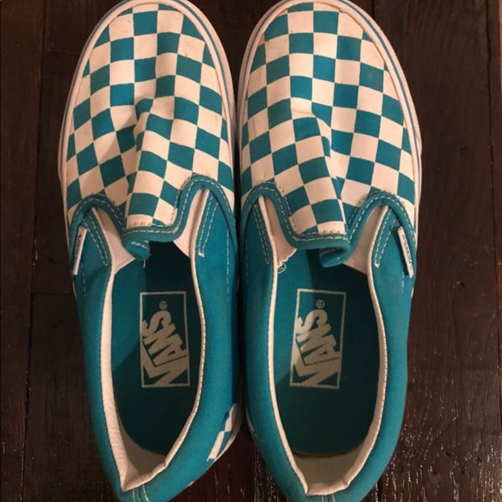 Blue checkered slip on vans